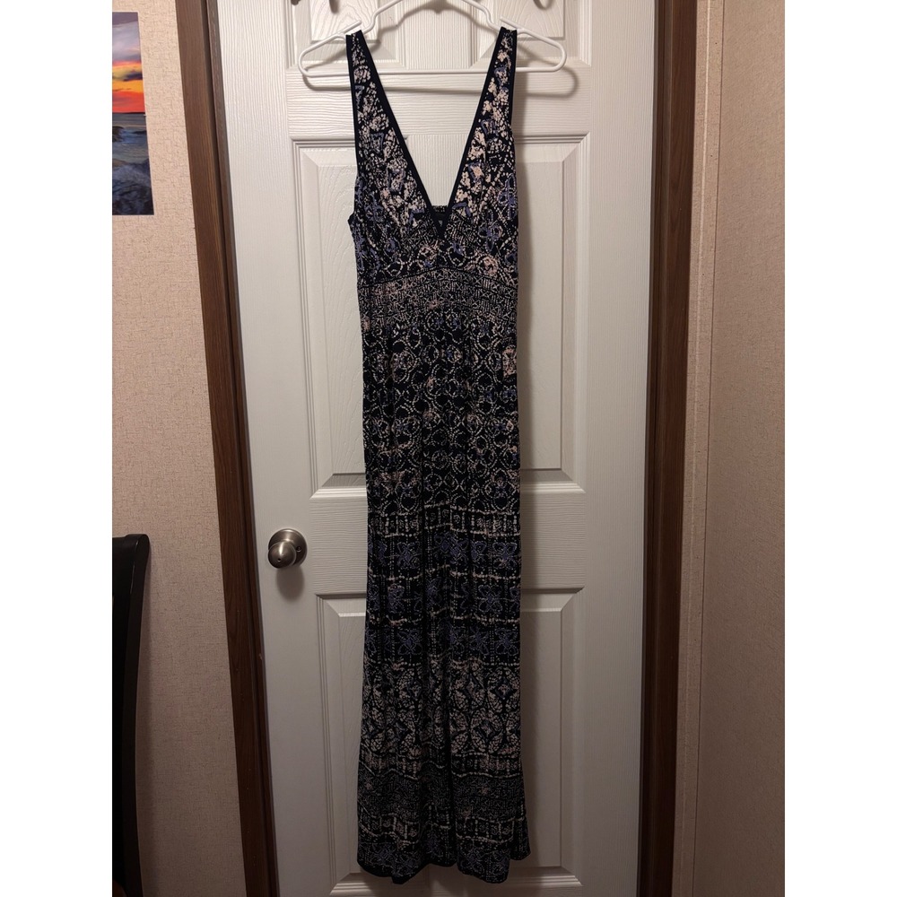 Angie Navy Blue Boho Geometric Print Smocked Waist V-Neck Maxi Dress Medium